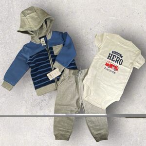 Carters Toddler Boy 3 Pc Outfit Size 18 Months Zip Up Sweater Pants Bodysuit NEW